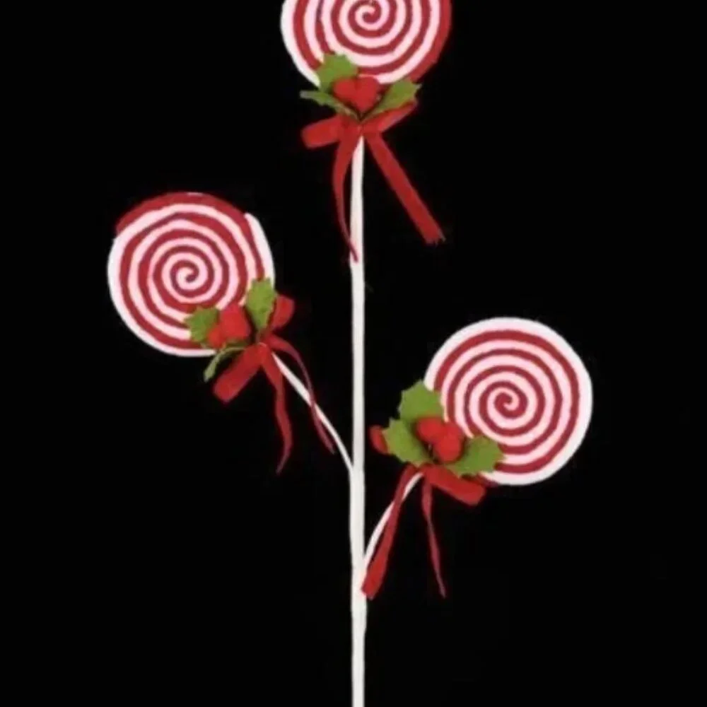 Red Candy Lollipop with Pom Pom Holly Spray Stem Pick Christmas Craft Supplies